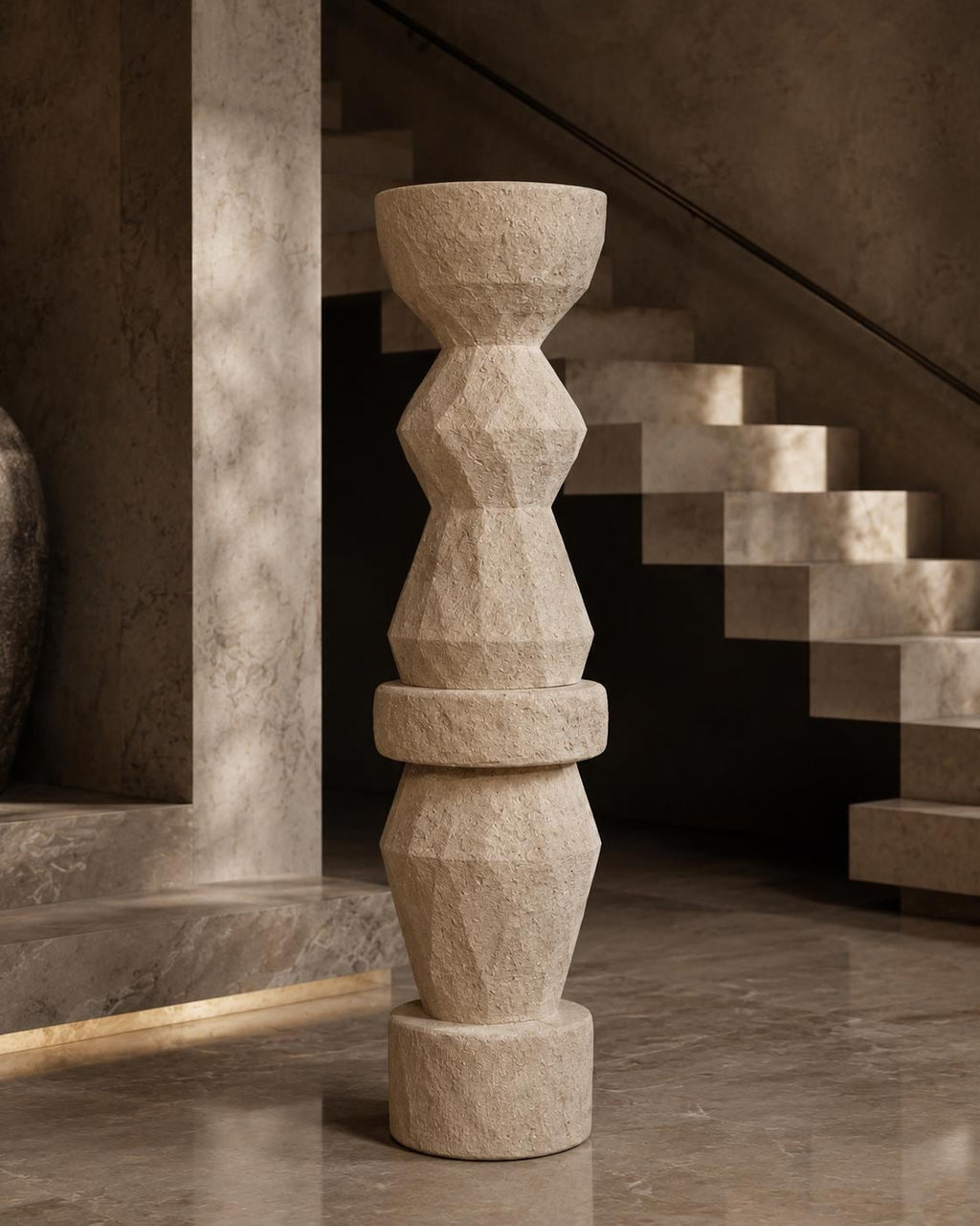 Textured Totem Sculpture | Geometric Plaster Floor Art, 180cm Stone Look Garden Statue, Organic Decor