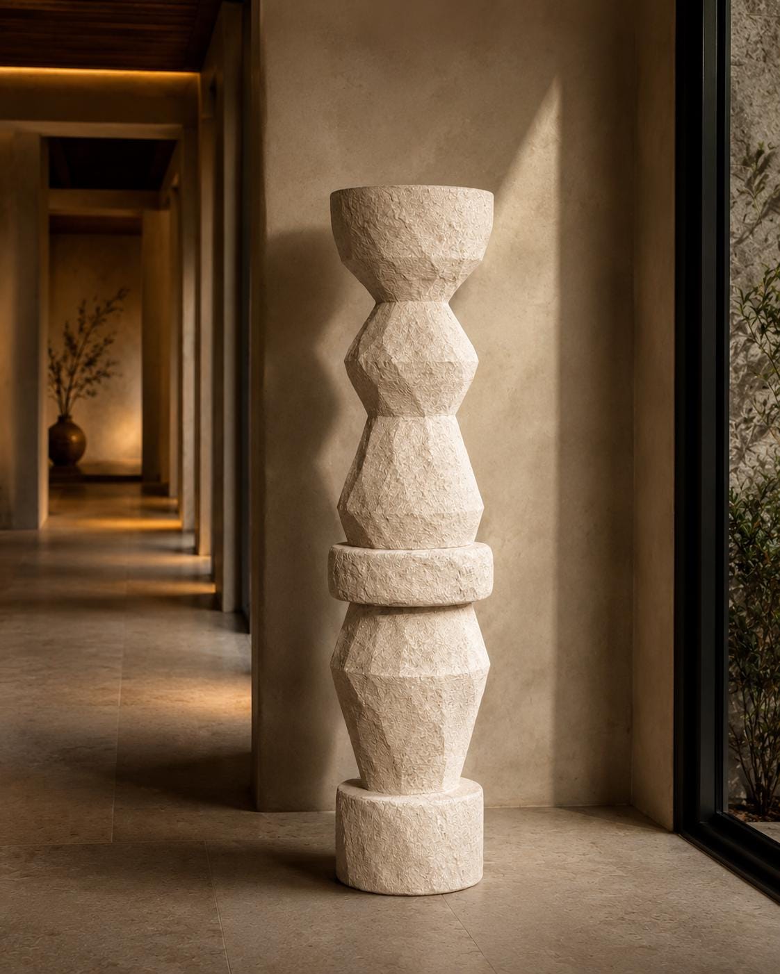 Textured Totem Sculpture | Geometric Plaster Floor Art, 180cm Stone Look Garden Statue, Organic Decor