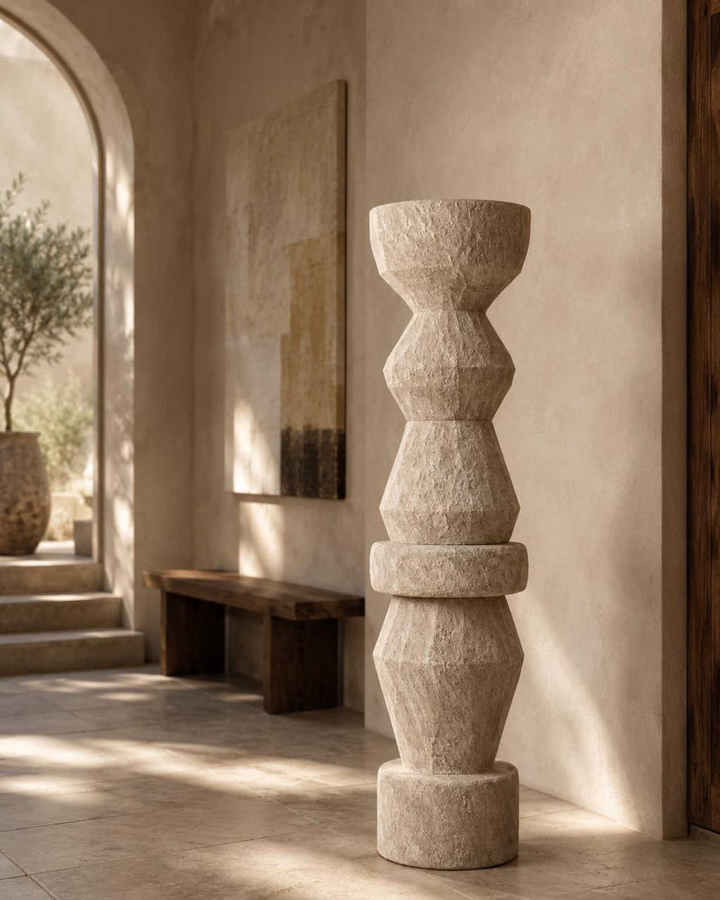 Textured Totem Sculpture | Geometric Plaster Floor Art, 180cm Stone Look Garden Statue, Organic Decor
