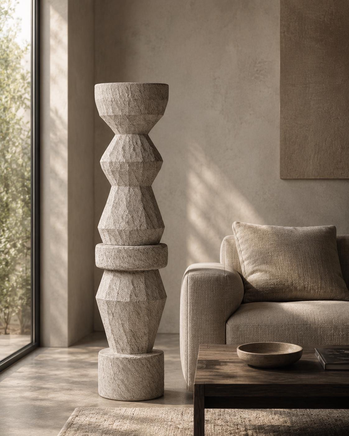 Textured Totem Sculpture | Geometric Plaster Floor Art, 180cm Stone Look Garden Statue, Organic Decor
