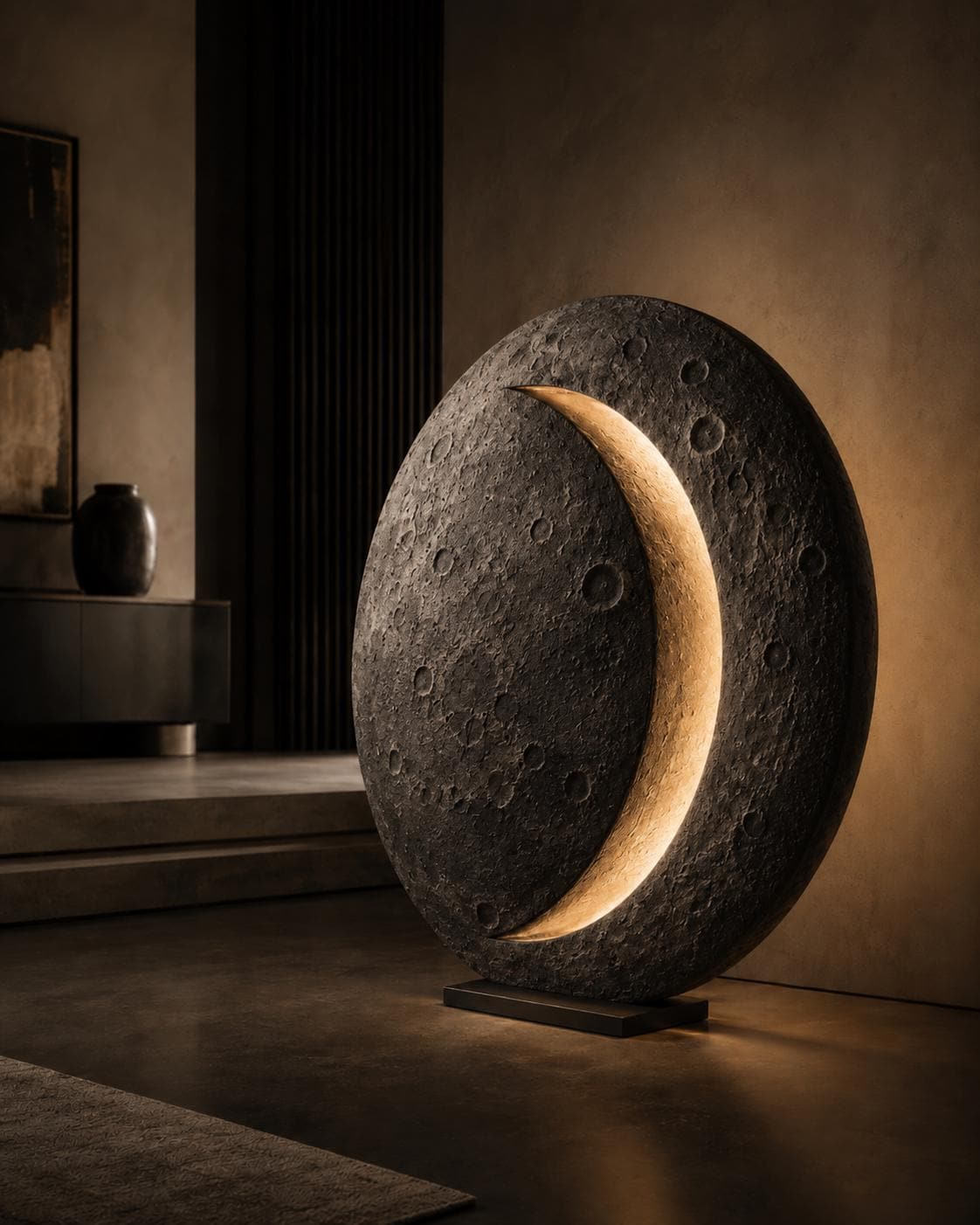 Crescent Moon Sculptural Floor Lamp, Handmade Lunar Light Art Object for Bedroom Decor