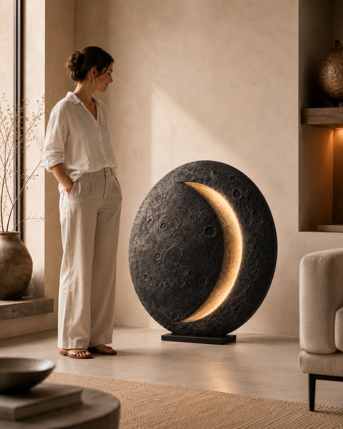 Crescent Moon Sculptural Floor Lamp, Handmade Lunar Light Art Object for Bedroom Decor