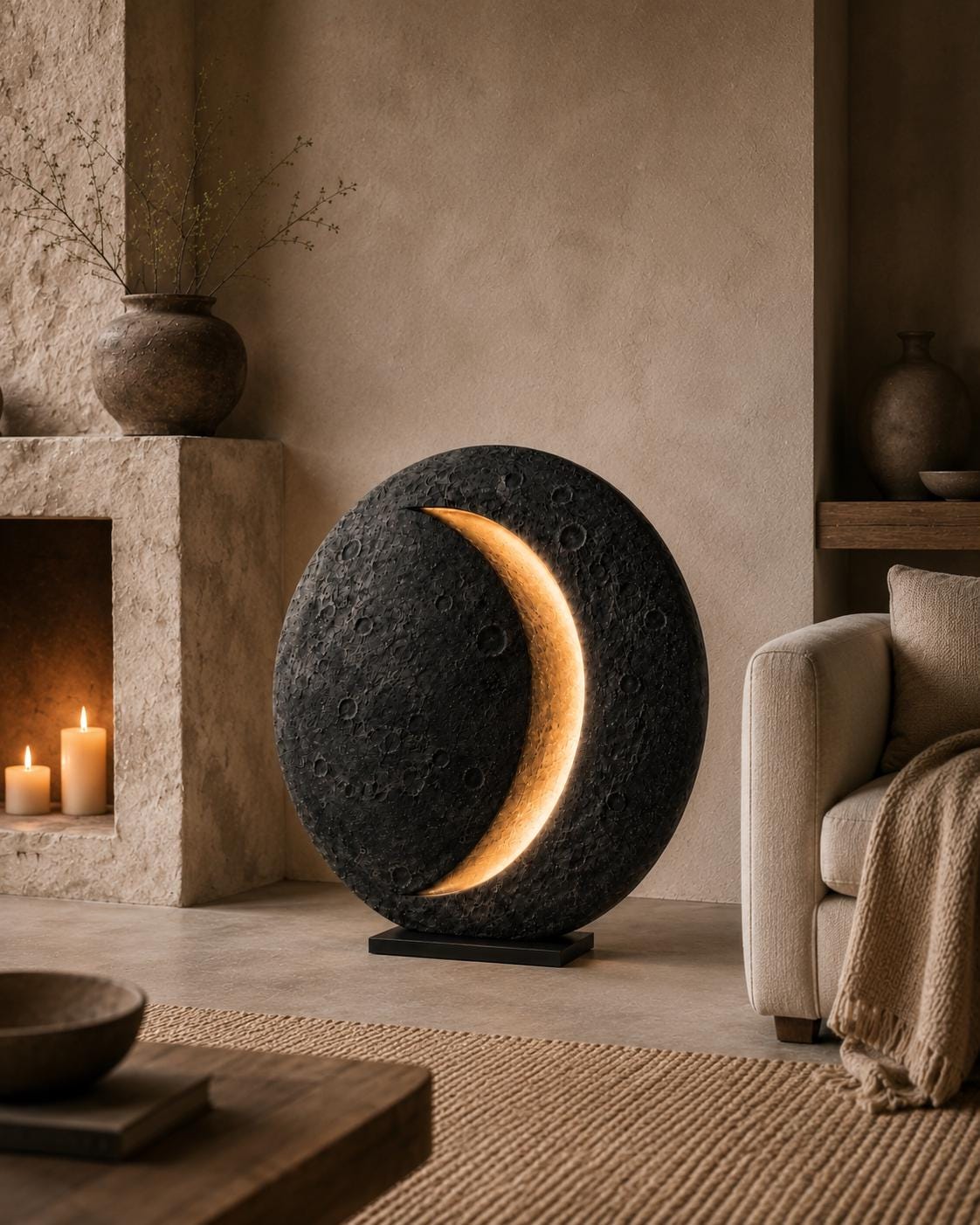 Crescent Moon Sculptural Floor Lamp, Handmade Lunar Light Art Object for Bedroom Decor