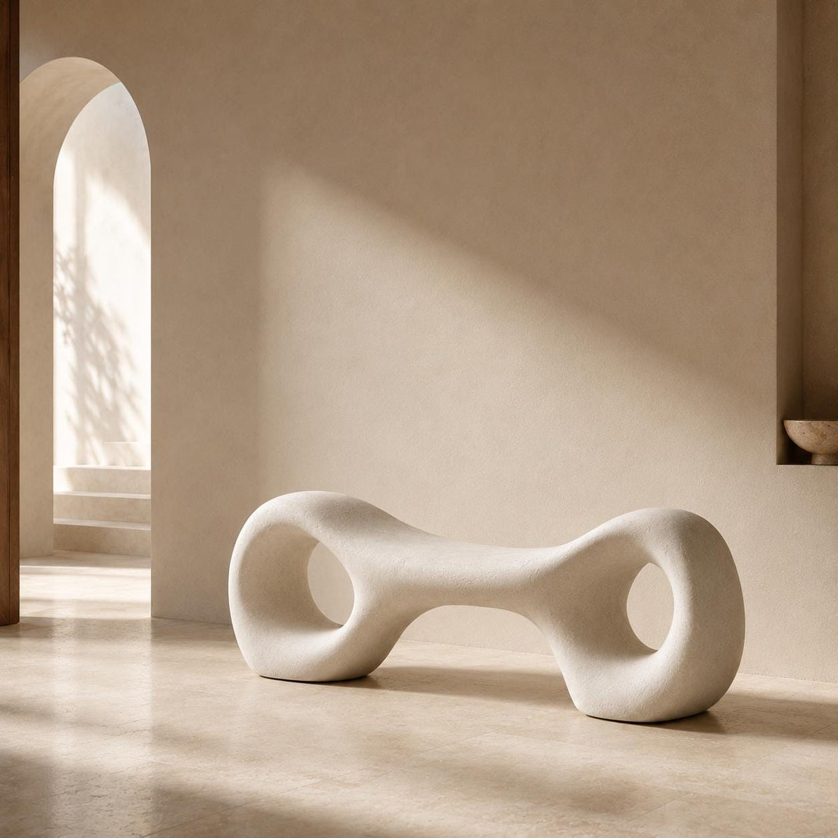 Organic Sculptural Minimalist Bench in warm white, seen in an arched hallway