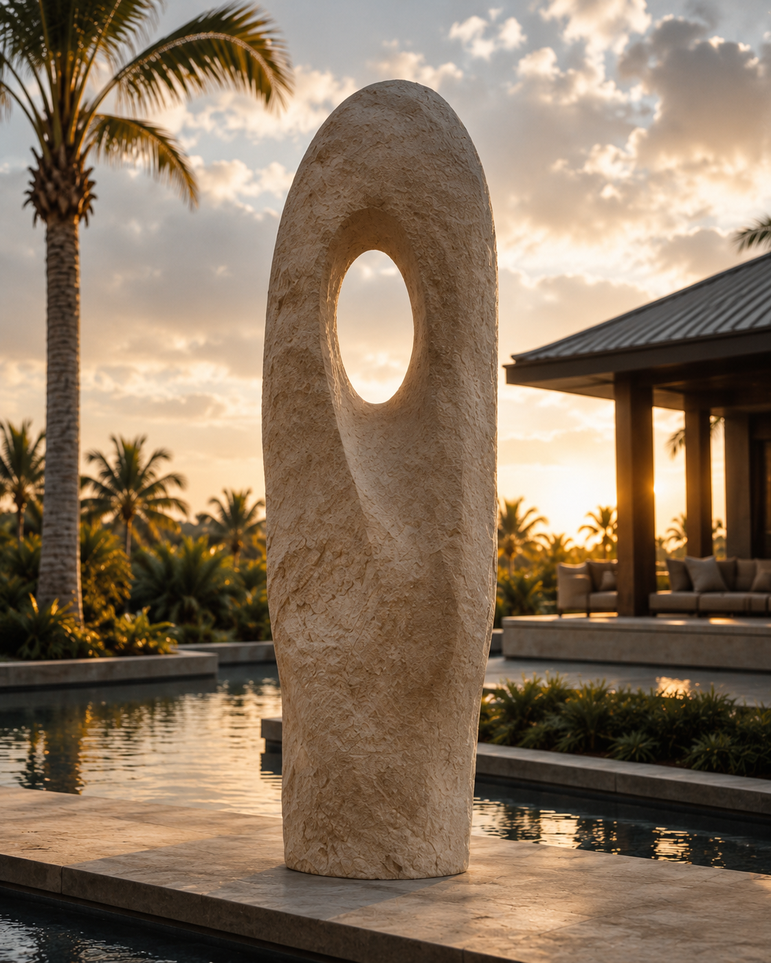 Monolith Totem Sculpture, a hollow floor totem with a stone-like mineral plaster finish