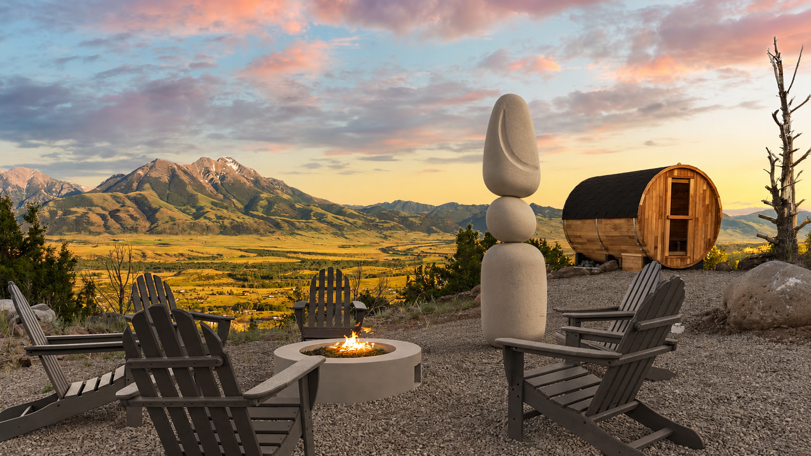Stone-look totem sculpture placed outdoor.
