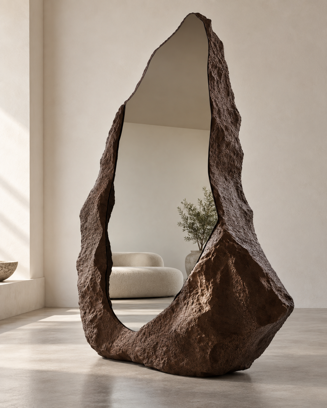 Rift Mirror in dark bronze-brown standing on the floor of a minimal daylit room
