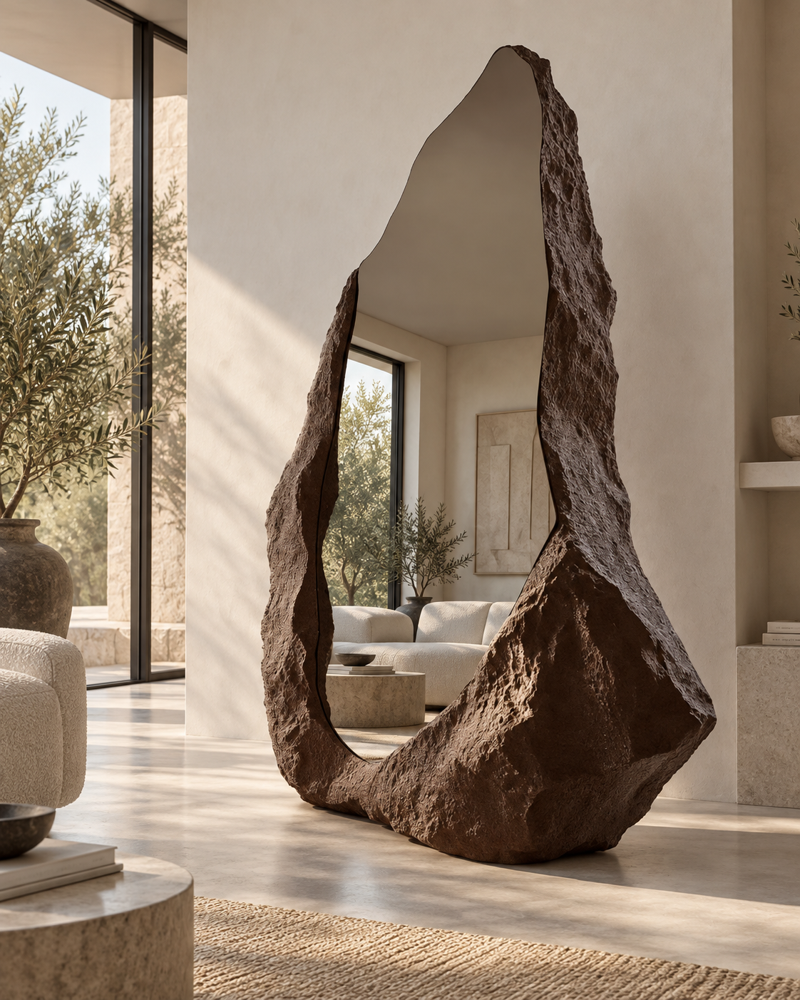Rift Mirror beside potted olive trees and a low sofa in a bright living room