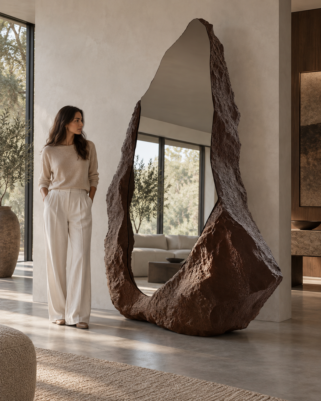 A standing figure beside the Rift Mirror, showing the scale of the floor-standing frame