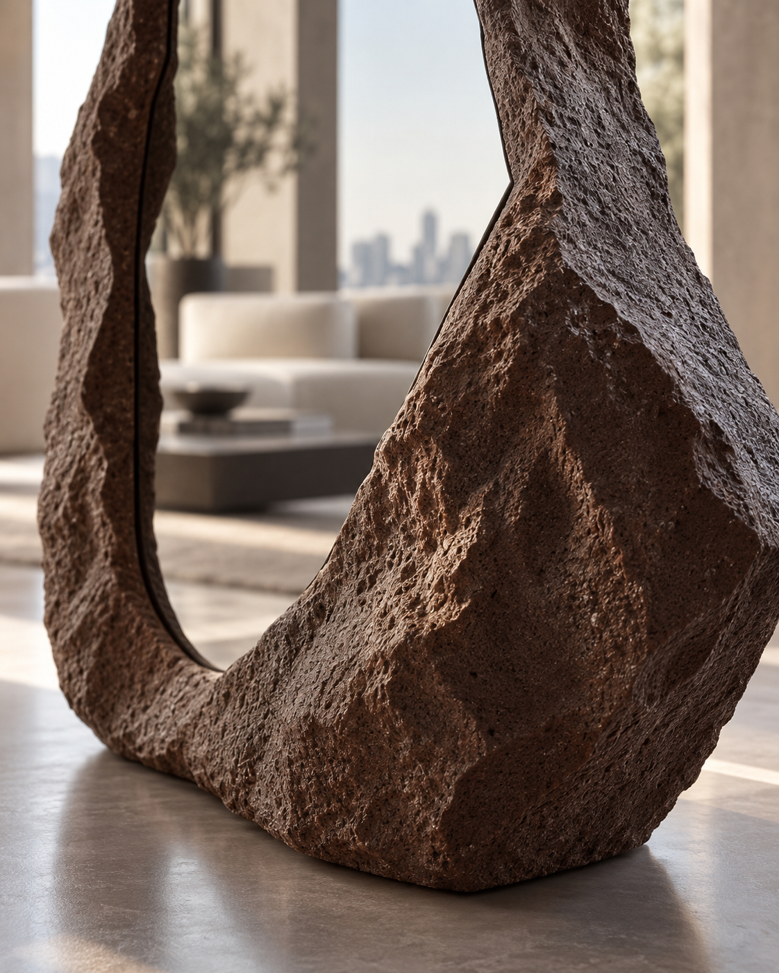 Close three-quarter view of the Rift Mirror showing the depth and rough texture of its frame