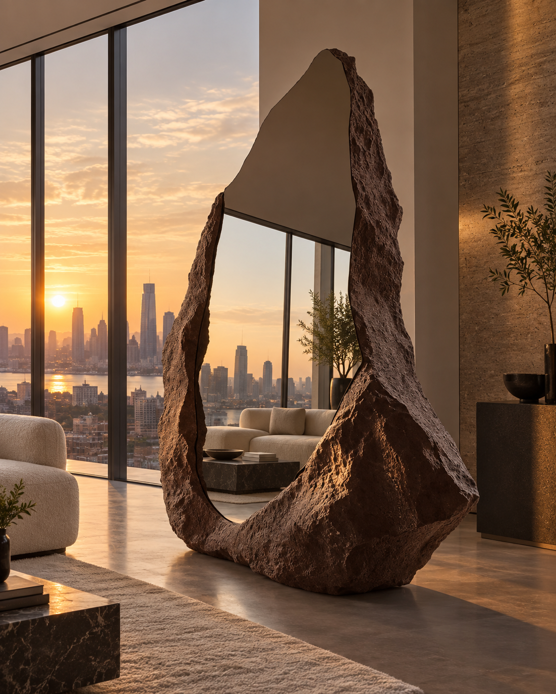 Rift Mirror in a living room at sunset with a city skyline through the windows