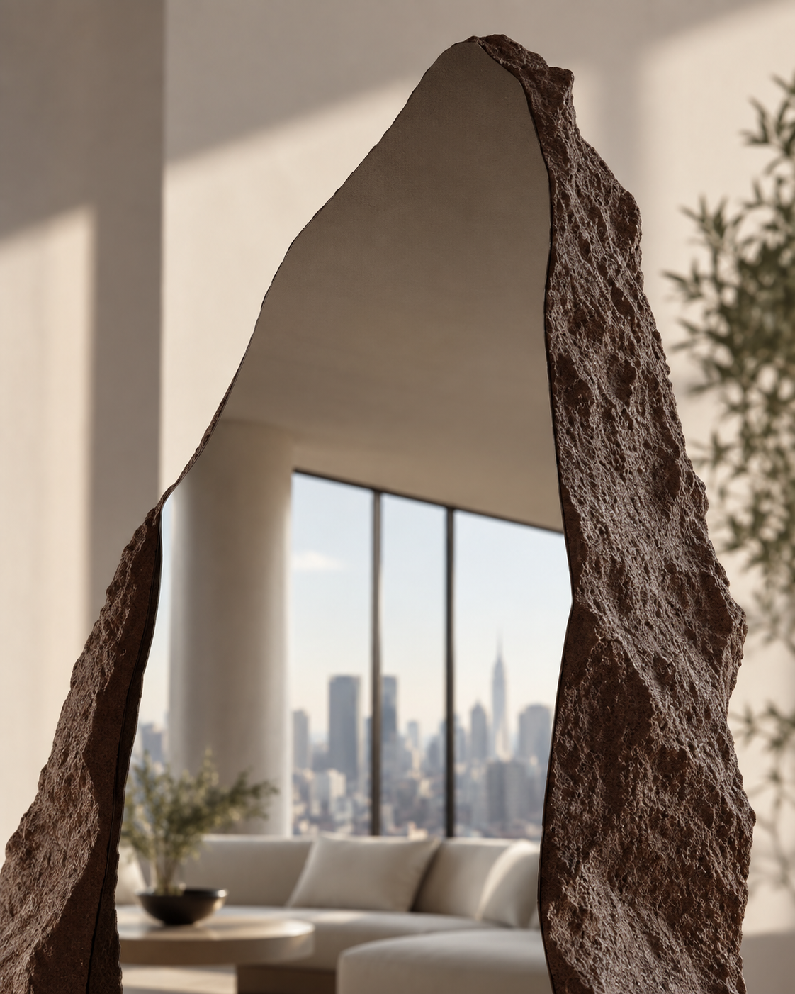 Rift Mirror against floor-to-ceiling windows with a city view behind it