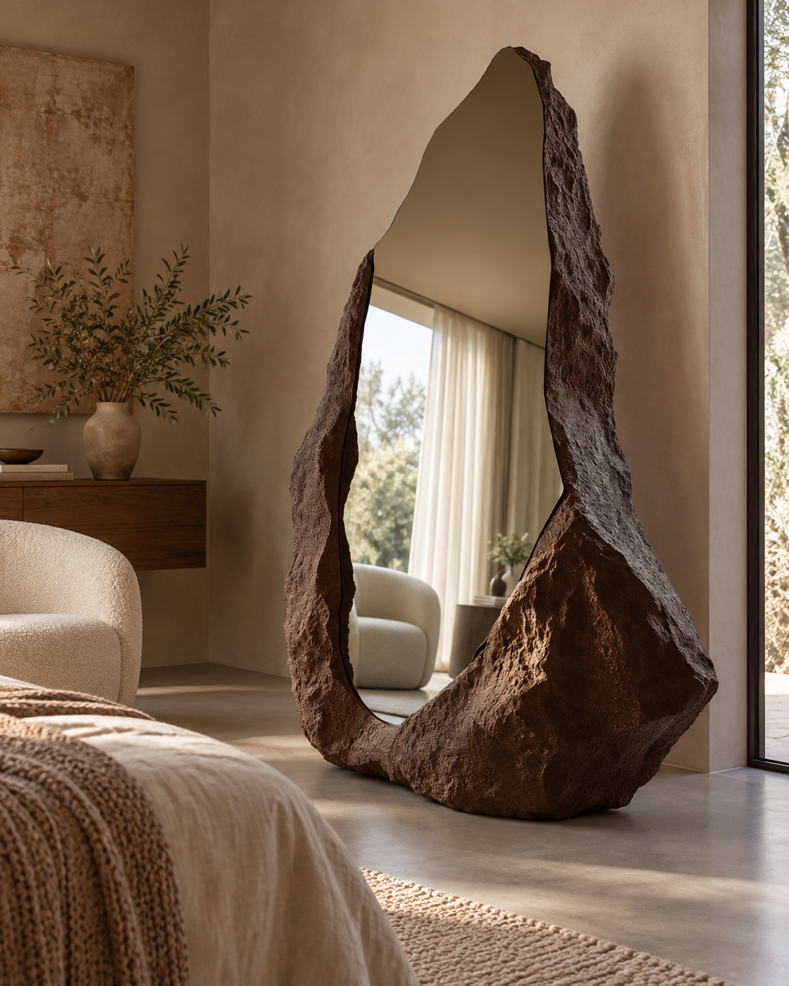 Rift Mirror in a bedroom beside a bed and indoor plants