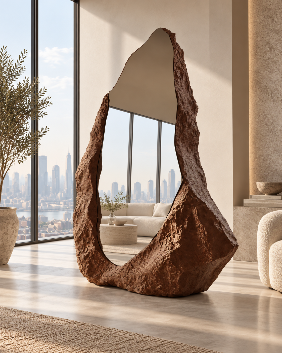 Rift Mirror on a rug in a living room with a city view and a pale armchair