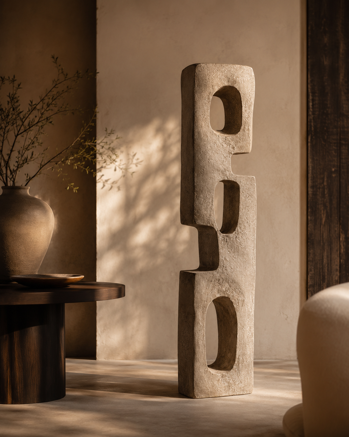 Portal Totem No.102 beside a black side table in a sunlit room