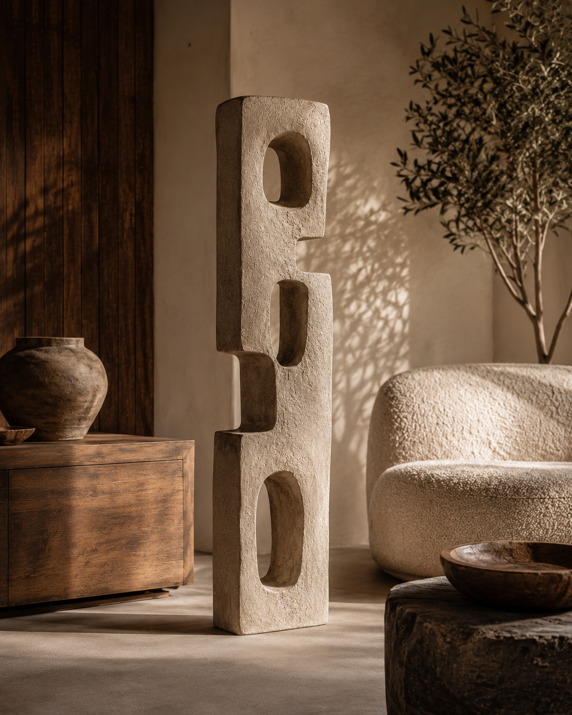 Portal Totem No.102 in a living room beside a wooden chest and a bouclé armchair
