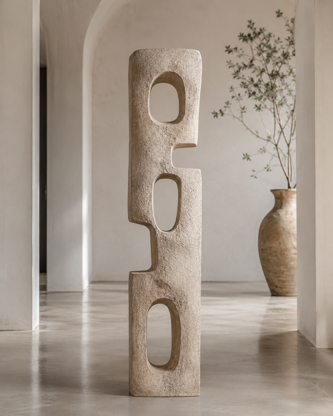 Portal Totem No.102 in a white arched interior beside a vase of branches