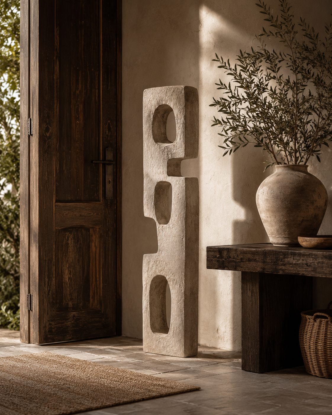 Portal Totem No.102 beside a dark wooden door and a console table