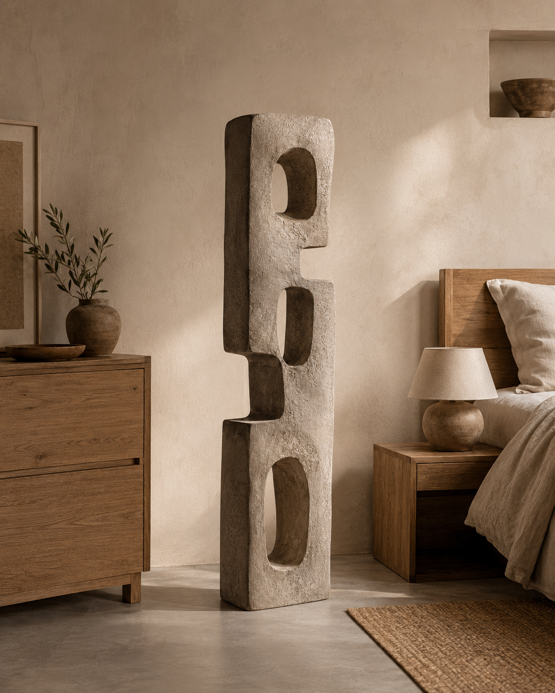 Portal Totem No.102 next to a wooden sideboard and a table lamp