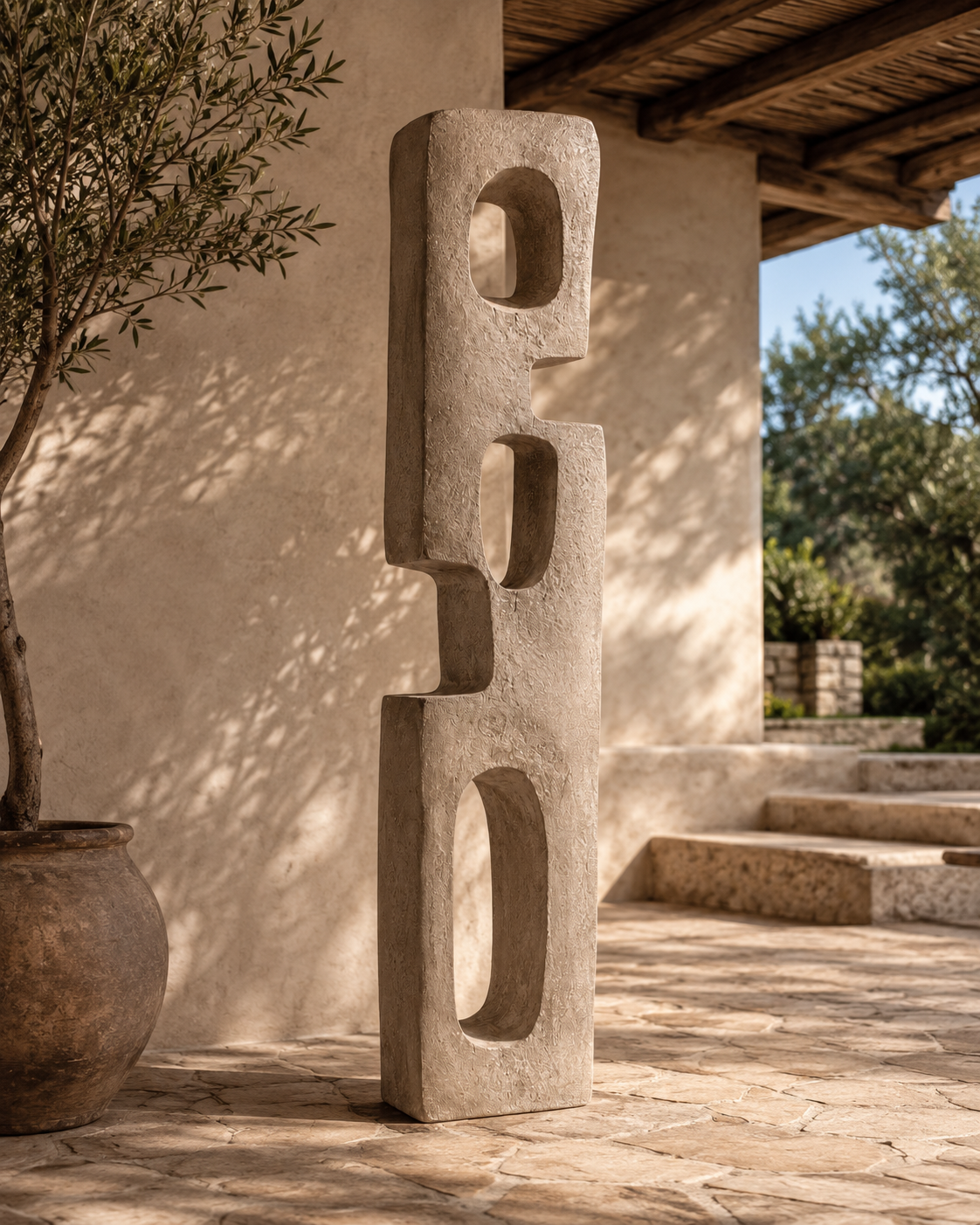 Portal Totem No.102 on a sunlit terrace beside a plastered wall and doorway