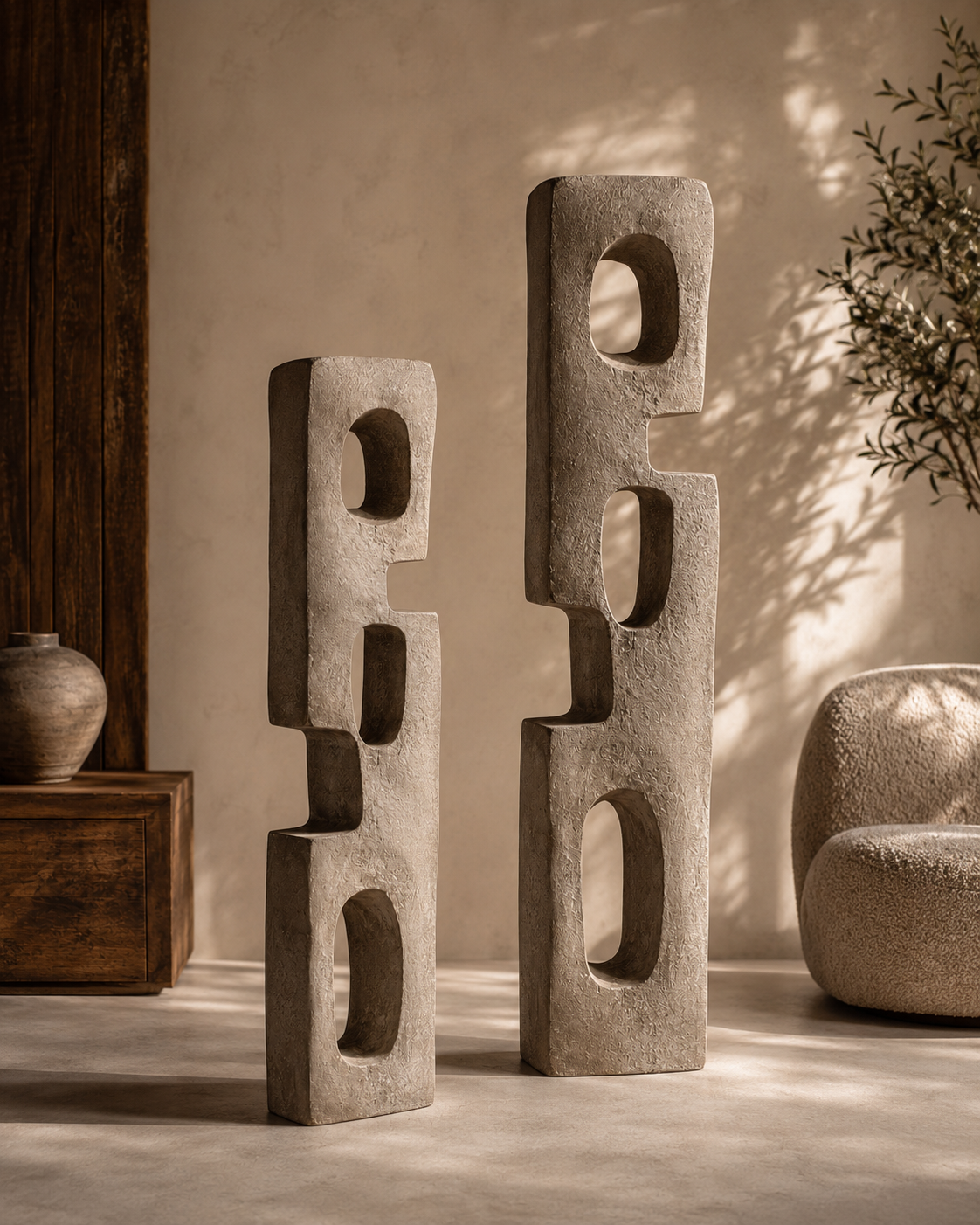 Two Portal Totem No.102 sculptures in different heights against a plaster wall
