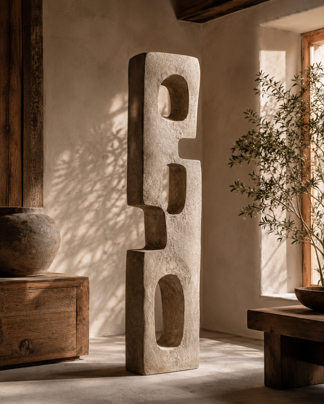 Portal Totem No.102 in a sunlit interior beside a wooden console and a doorway